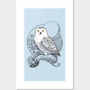 Snowy Owl Doodle in a wintery scene Posters and Art